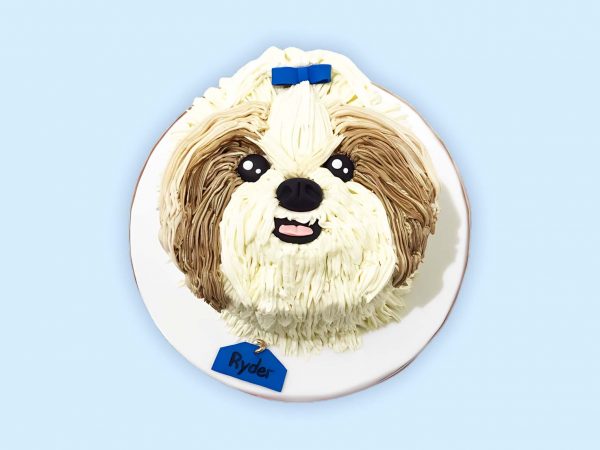 Cute Shih Tzu-themed dog cake with white and brown icing fur, blue bow
