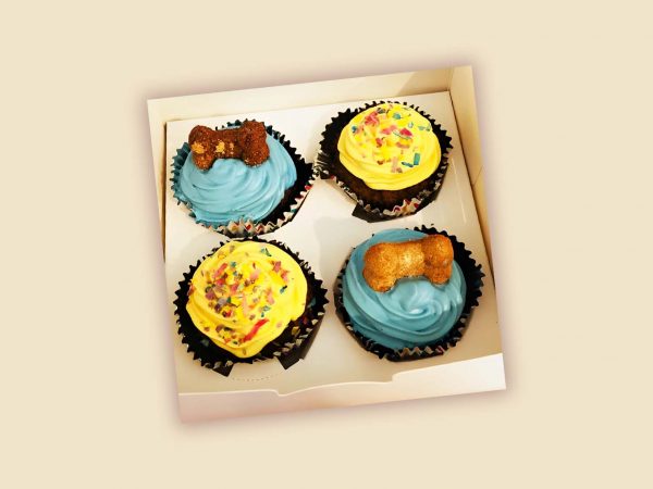 A box of four dog cupcakes with yellow and blue frosting, decorated with colorful sprinkles and bone-shaped treats on top.