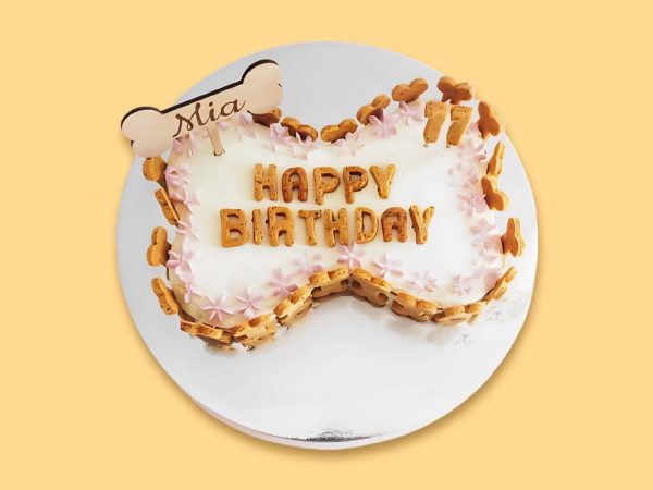 Bone-shaped cake with white frosting, outlined with cream and surrounded by dog biscuits.