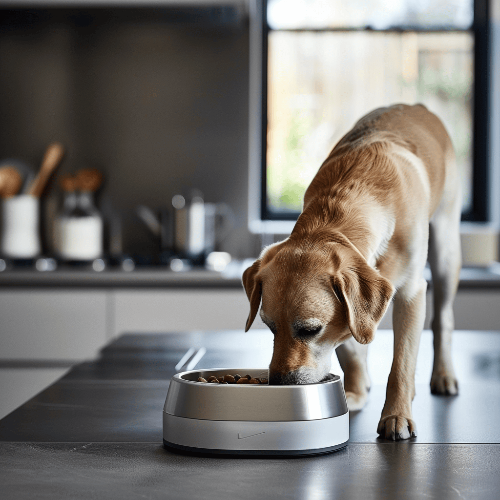 A dog drinks from a water bowl in a pet-friendly kitchen. Beside it, a stainless steel slow-feeder bowl with a non-slip base holds nutritious food.