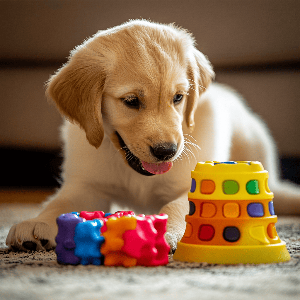 A golden retriever puppy chews on a durable rubber toy for teething relief, while a Labrador engages with a colorful puzzle feeder for mental stimulation.