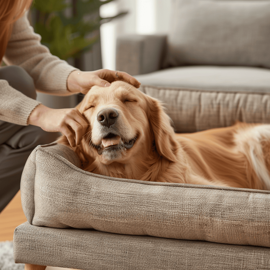 A golden retriever rests on a plush orthopedic dog bed with a raised cushion for support. A pet owner gently pets the dog, ensuring comfort and security.