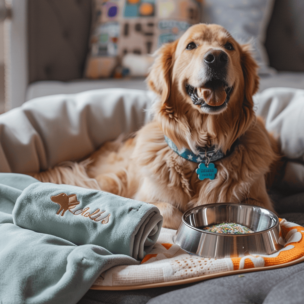 A golden retriever sits beside a name-printed food bowl, wearing an engraved collar with an ID tag. A personalized blanket, T-shirt, and bandana complete the cozy display.