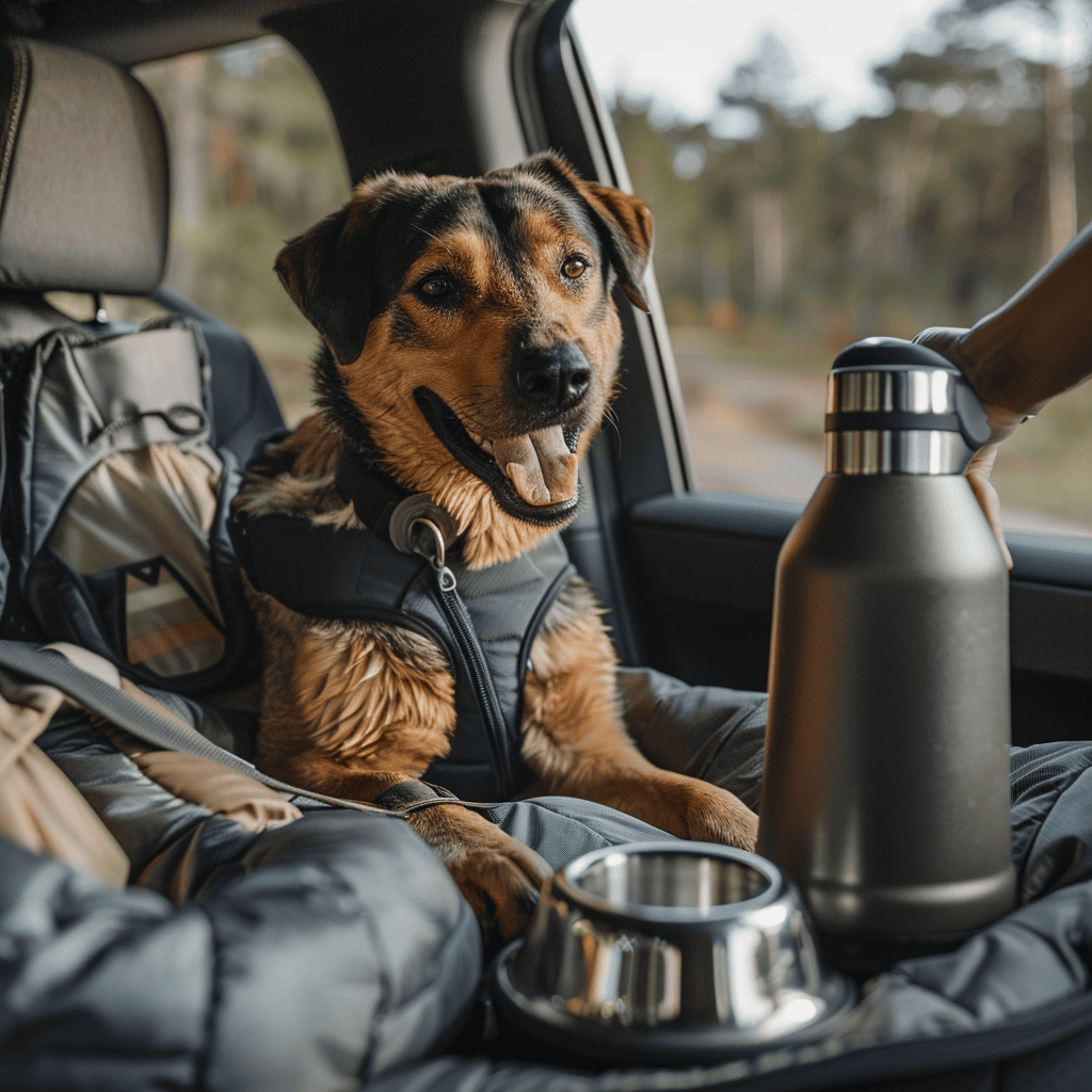 A happy dog sits securely in a car with a pet seat belt as the owner adjusts a portable water bottle. A car seat cover and travel bowl ensure comfort on the trip.