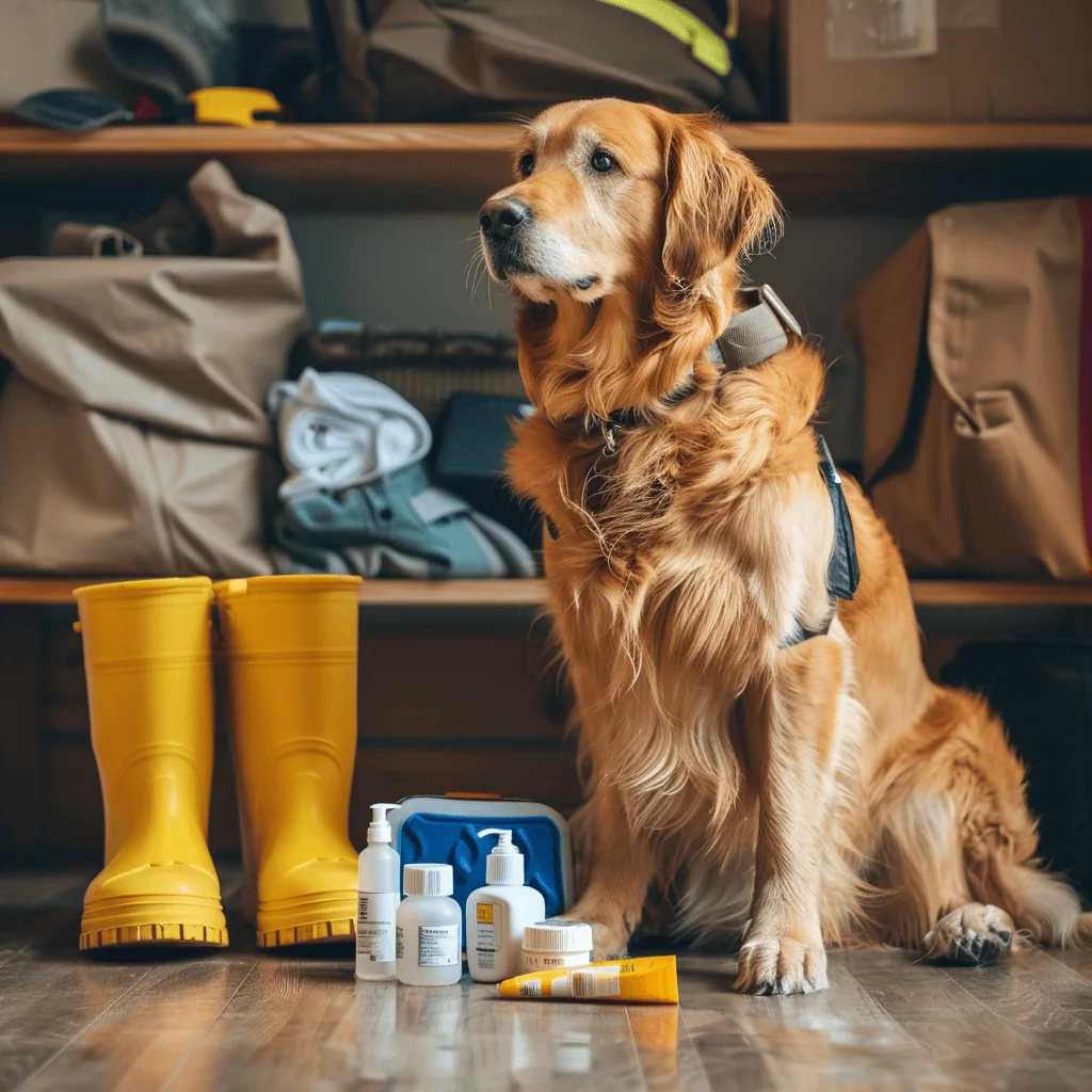 A pet first-aid kit with bandages, antiseptic wipes, and medications is neatly arranged. A golden retriever wearing a flea collar sits nearby in a pet-friendly home.