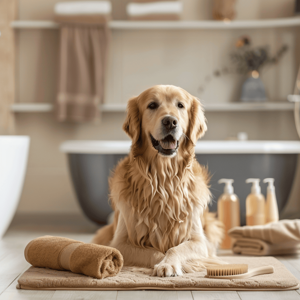 A golden retriever sits securely in a car with a pet seat belt as the owner adjusts a portable water bottle. A car seat cover and travel bowl ensure comfort.