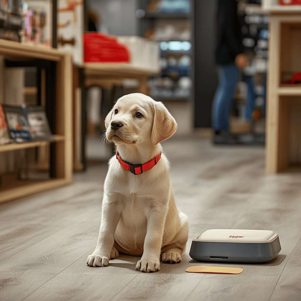 A well-trained Labrador puppy sits attentively as a treat dispenser rewards it for following a command. A pee pad in the background aids in house training.