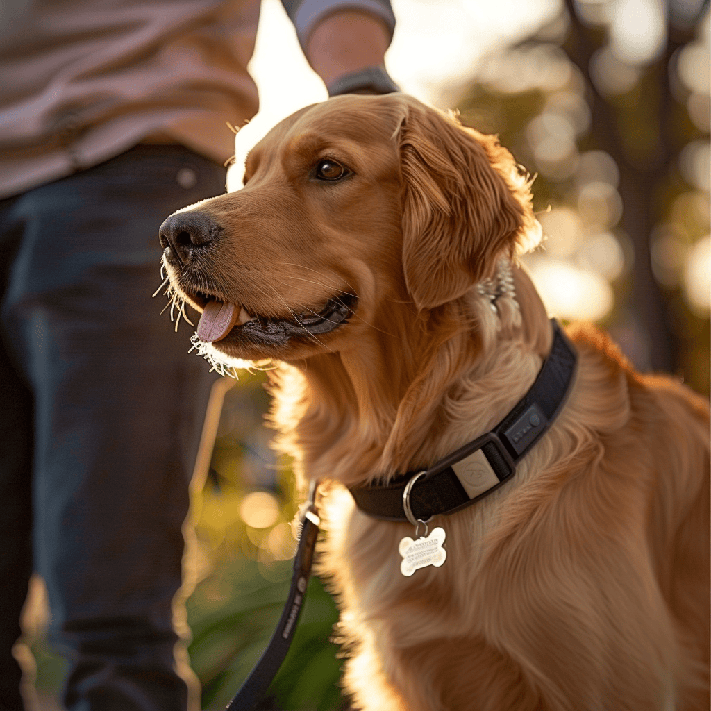 Close-up of a golden retriever in a reflective collar with an ID tag, wearing a no-pull harness. Owner holds a retractable leash for a safe walk.
