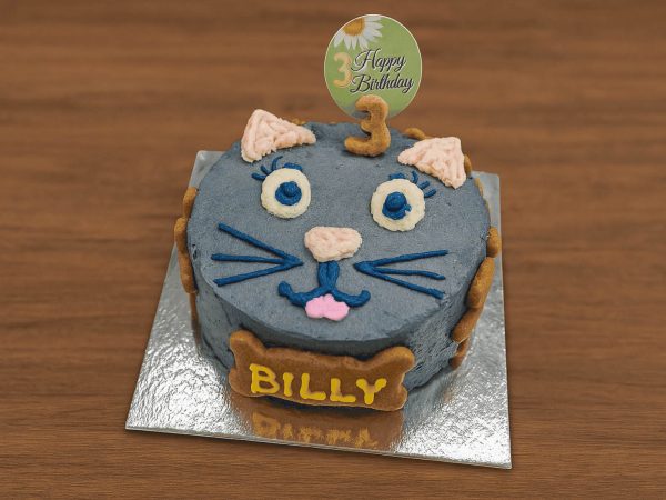 Cat-shaped birthday cake with name Billy and number 3 topper