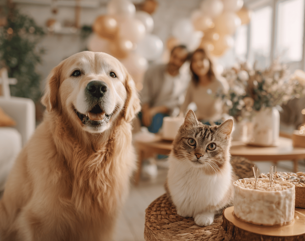 A bright, modern indoor space with soft natural lighting, a happy golden retriever and a calm tabby cat sitting beside two custom pet birthday